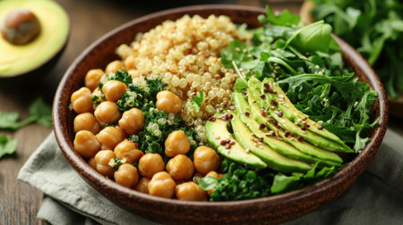 This vibrant plant-based bowl features quinoa, chickpeas, creamy avocado, and fresh greens, creating a nutritious and delicious meal option for health enthusiasts.の素材