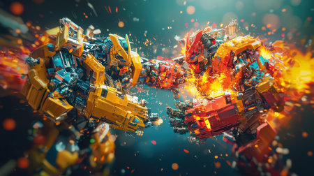 Witness an intense and colorful battle between two futuristic robots, showcasing motion blur and dynamic visual effects in a vibrant, explosive scene.の素材