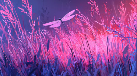 A striking digital art piece featuring a dragonfly soaring above a field of pink and purple grass, capturing the essence of nature's ethereal beauty in tranquil hues.の素材