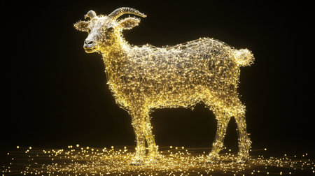 This artistic depiction features a glowing goat sculpture, crafted from shimmering lights that create an enchanting visual effect, perfect for innovative design projects.の素材
