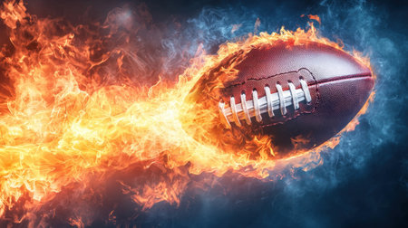 A visually stunning image of a football engulfed in flames, capturing the thrilling essence of sports. The dynamic motion adds excitement to any sports-themed project.の素材