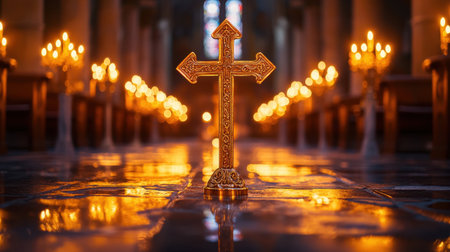 A stunning golden cross stands prominently in a beautifully lit church, reflected on polished floors. The warm candlelight creates a peaceful and serene atmosphere.の素材