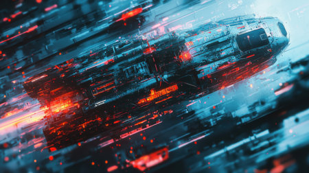 A striking visual of a futuristic spaceship navigating through a high-energy digital landscape, featuring vivid colors and sharp details that evoke a sense of speed and innovation.の素材