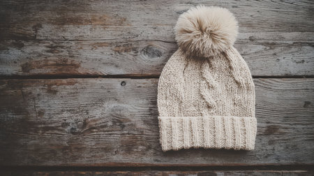 This image features a cozy knitted beanie with a fluffy pom pom sitting on a rustic wooden surface, perfect for showcasing winter fashion and accessories.の素材