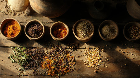 Discover a colorful collection of spices and herbs displayed in traditional bowls on a rustic wooden table, showcasing natural ingredients for culinary delights.の素材