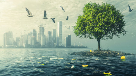 A striking visual depicting an isolated tree emerging from polluted water, showcasing the stark contrast between nature and urban development, while birds soar above.の素材