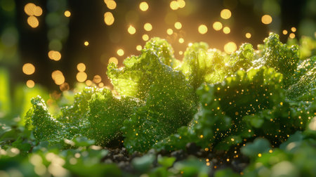 Captivating image of fresh green lettuce leaves adorned with glistening dew drops, illuminated by warm sunlight, showcasing the beauty of nature in a garden.の素材