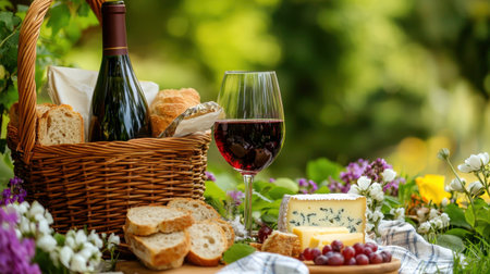 Enjoy a picturesque picnic scene featuring a wine bottle, glass, artisanal bread, and gourmet cheese surrounded by colorful flowers and lush greenery, perfect for gatherings.の素材