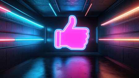 This striking neon thumbs up symbol illuminates a dark corridor, enhanced by vibrant glowing lines. It embodies positivity, interaction, and modern digital aesthetics.の素材