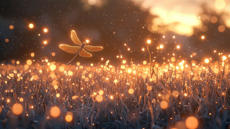 A mesmerizing scene featuring a dragonfly gracefully hovering over a sparkling meadow at sunset, surrounded by glowing lights that enhance the enchanting atmosphere.の素材