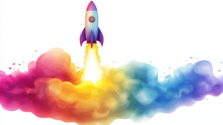 A stunning illustration of a rocket launch, surrounded by colorful smoke clouds, perfect for representing themes of innovation, creativity, and the pursuit of new frontiers.の素材