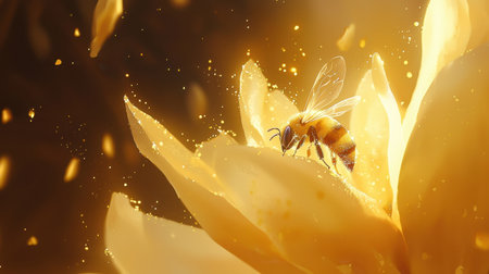 A stunning close-up image showcasing a bee gathering nectar from a vibrant yellow flower. The golden light creates a dreamy atmosphere, highlighting nature's wonder.の素材