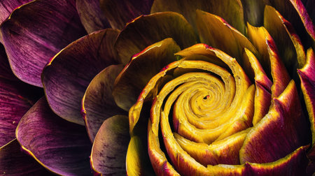 Explore the intricate beauty of a vibrant artichoke blossom, showcasing rich purple and yellow colors. Perfect for nature lovers, this close-up captures stunning detail.の素材