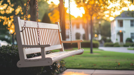 A beautifully crafted porch swing, rocking gently under the soft rays of a golden evening sunset.の素材