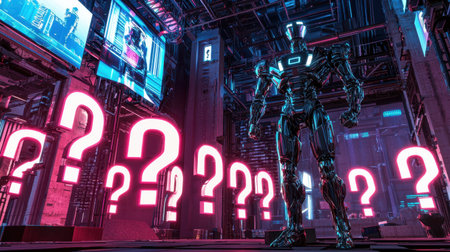 A 3D-rendered scene of a futuristic robot surrounded by question marks in a neon-lit digital world.の素材