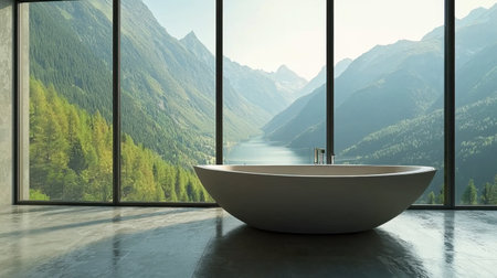 A beautifully designed modern bathroom with a large bathtub positioned against a wall of windows.の素材
