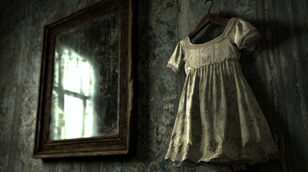A beautifully detailed white dress hanging on a rustic wooden hanger against a vintage mirror.の素材