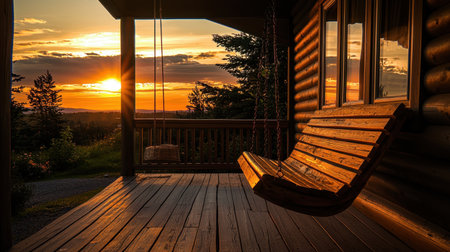 A beautifully crafted porch swing, rocking gently under the soft rays of a golden evening sunset.の素材