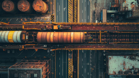 A bird -eye view of a large freight truck carrying cylindrical containers across a highway. -の素材