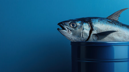 A bold blue composition with a whole tuna fish next to a canned tuna product, emphasizing freshness and quality.の素材