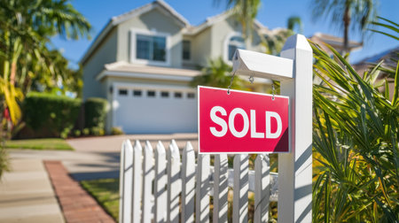 A charming bright white home with a "SOLD" sign, standing proudly in a lush green neighborhood.の素材
