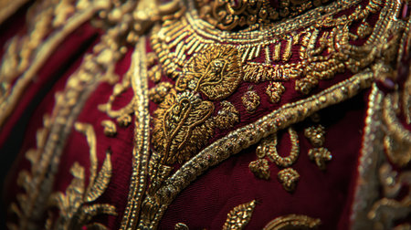 A close-up of intricate embroidery on a Thai wedding dress, showcasing golden patterns and delicate craftsmanship.の素材