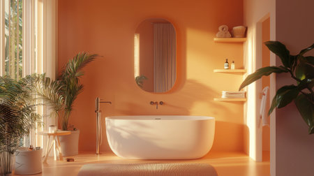 A brightly lit orange bathroom with stylish fixtures, minimalist shelving, and a sleek mirror.の素材