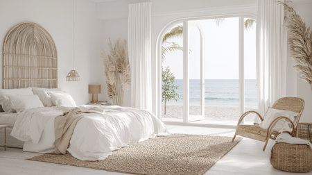 A bright modern bedroom with soft white linens, minimalist decor, and large windows allowing natural light.の素材