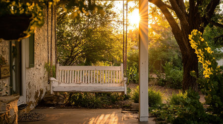 A charming white porch swing gently sways in the breeze, framed by warm sunlight and rustic decor.の素材