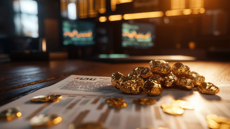 A close-up of gold nuggets on a wooden desk, surrounded by stock reports and currency symbols.の素材