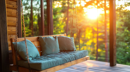 A cozy porch swing with soft cushions, bathed in the warm glow of the afternoon sun.の素材