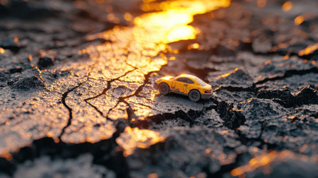 A dreamy dusk landscape with a yellow vehicle moving through a cracked mountain road, glowing in warm evening light.の素材