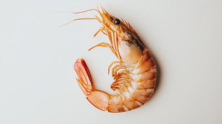 A clean white background featuring a fresh shrimp and an elegant metal can, creating a minimalist food scene.の素材