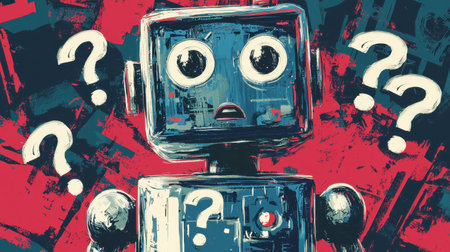 A digital painting of an AI-powered robot with swirling question marks around its head.の素材