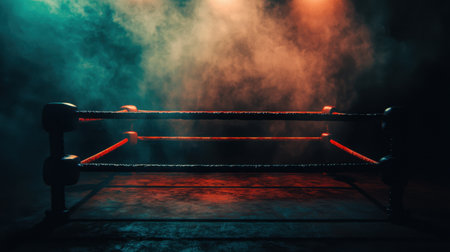 A dimly lit boxing ring with black walls and a spotlight shining down, ready for an intense fight.の素材