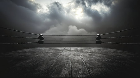 A dramatic view of an empty boxing ring surrounded by black walls, evoking anticipation and intensity.の素材