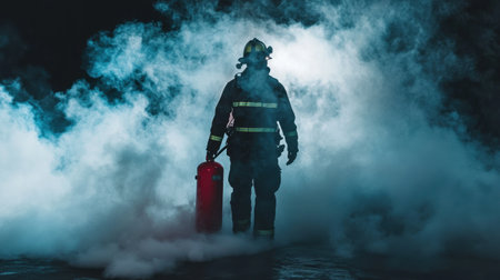 A firefighter using a red fire extinguisher to release foam in a dense smoke-filled background.の素材