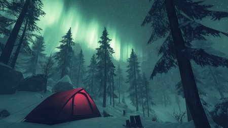 A cozy red tent in a snow-covered forest, bathed in the magical glow of the Northern Lights.の素材