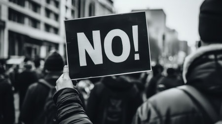 A dramatic black-and-white image of a person holding a sign in a moment of silent resistance.の素材