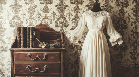 A flowing white dress displayed on a wooden mannequin in a classic vintage room with ornate wallpaper.の素材