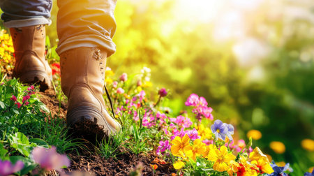 A gardener boots stepping through colorful flower beds while working with a shovel under the sun.の素材