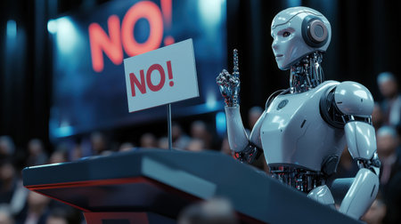 A humanoid robot raising a sign, showcasing AI making bold decisions.の素材