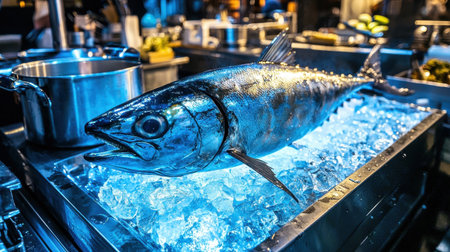 A gourmet kitchen setup with a whole tuna fish and an open metal can, all bathed in a vivid blue light.の素材