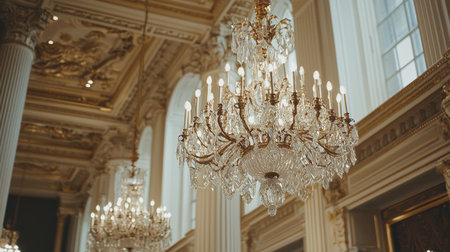 A magnificent crystal chandelier glows brightly, enhancing the intricate architectural details of the hall.の素材