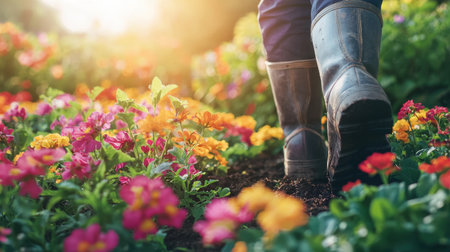 A gardener boots stepping through colorful flower beds while working with a shovel under the sun.の素材