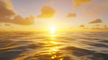 A mesmerizing golden sunset reflects on a tranquil water surface, creating a dreamy, ethereal glow with soft bokehの素材