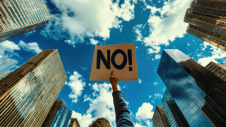 A person raising a sign high above their head during a protest, emphasizing activism.の素材