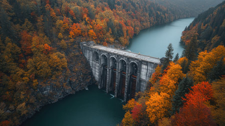 A high-resolution aerial image of a hydroelectric power dam, showcasing its structure and energy production.の素材