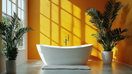 A modern bathroom interior with an orange accent wall, white fixtures, and decorative plantsの素材
