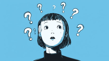 A minimalist depiction of a futuristic AI assistant with a puzzled look and multiple question marksの素材